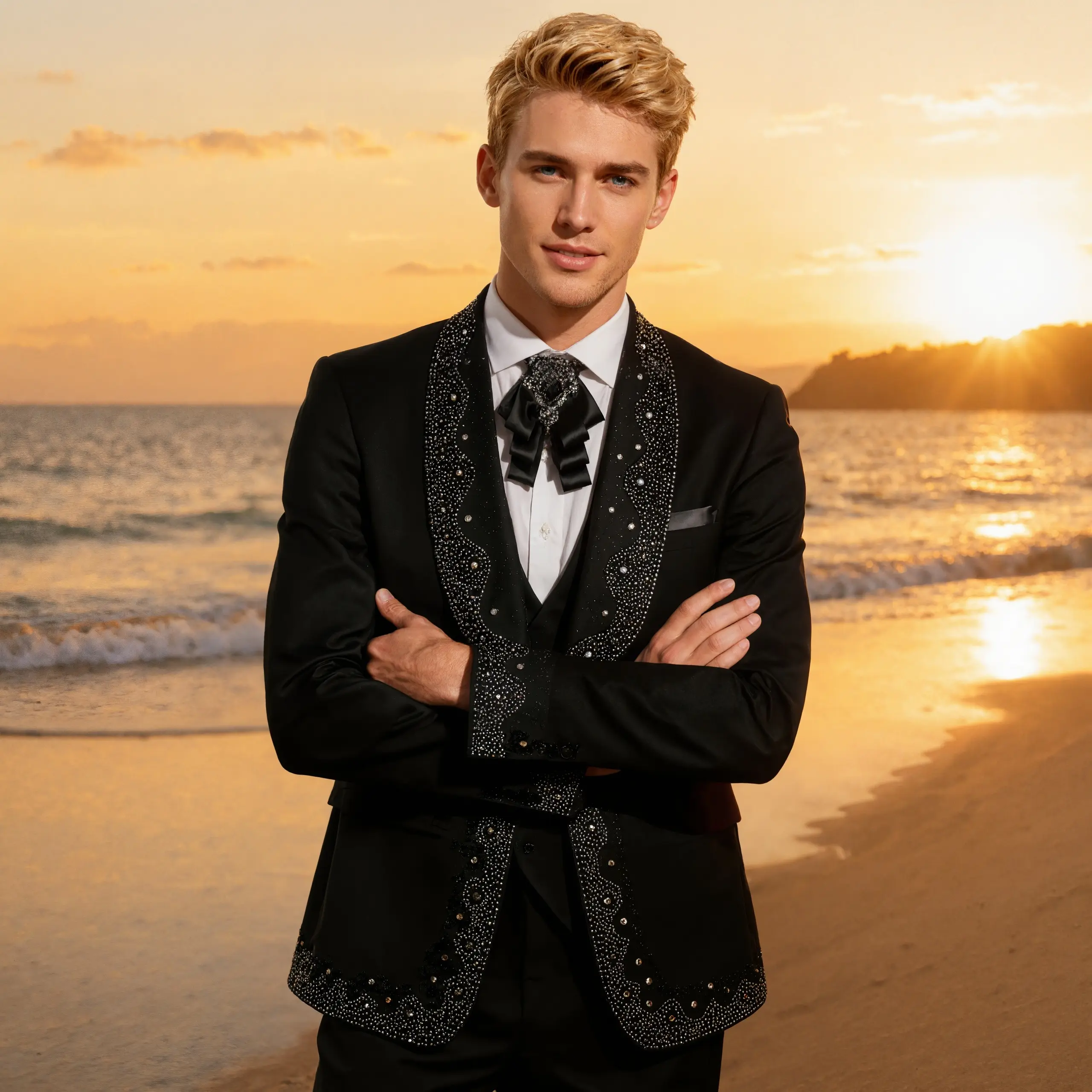 Men's Luxury 3-Piece Rhinestone Shawl Collar Tuxedo Suit – Slim Fit Blazer, Vest & Pants for Weddings, Red Carpet & Formal Events