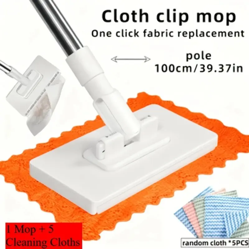 6-Piece Auto Mop System with 5 Random Cleaning Cloths, Space-Saving Abs Design, Compatible with Standard Cloths, Ideal for Kitchen, Bathroom, Windows, Floors