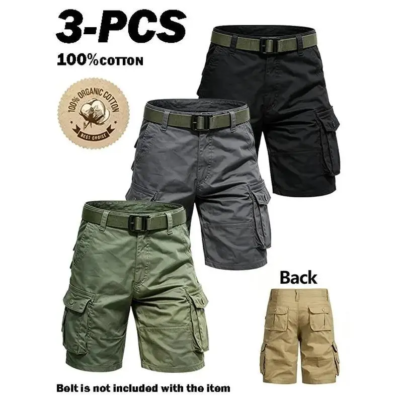 (No belt included) 3-pack cargo pants, tactical men's shorts with multifunctional pockets, suitable for golf and outdoor activities, men’s hiking shorts, wear-resistant, wrinkle-resistant, breathable shorts,