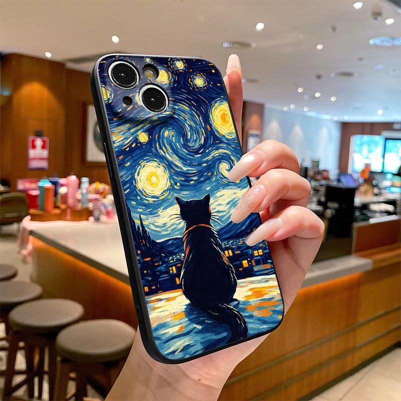 Phone Case - Matte Frosted Phone Case, featuring a scene of a black cat gazing at a starry sky in a village, compatible with iPhone models from 17 to 11 and X series. It has a liquid simulation texture, is skin-friendly and fingerprint-resistant