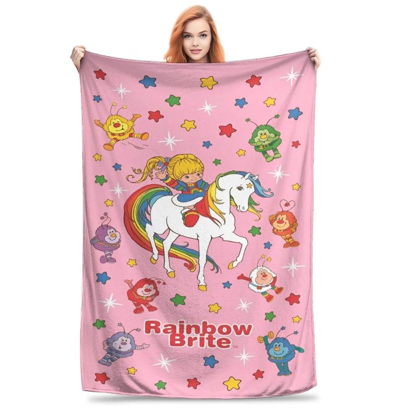 Rainbow Brite 80s Retro Blanket Ultra Soft Velvet Lightweight Thin Cozy Warm Bedroom Couch Sofa Office Throw Decor Decorative Throw Perfect Birthday Gift Christmas Gift for Nostalgic Fans Viral Trending Colorful Vintage Aesthetic Style