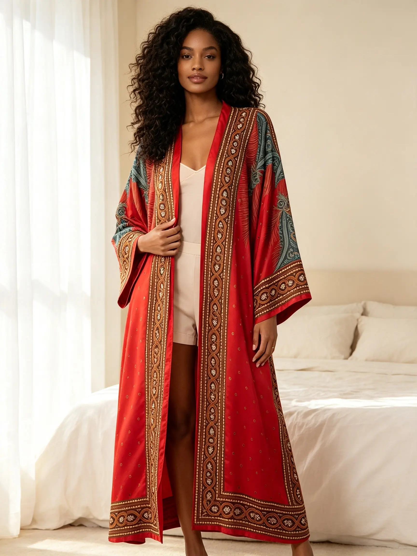 Plus Size Boho Vintage Ethnic Print Silk Long Kaftan, Loose Batwing Sleeve Open Front, Soft Home Wear, Fashion Sleepwear, All Seasons