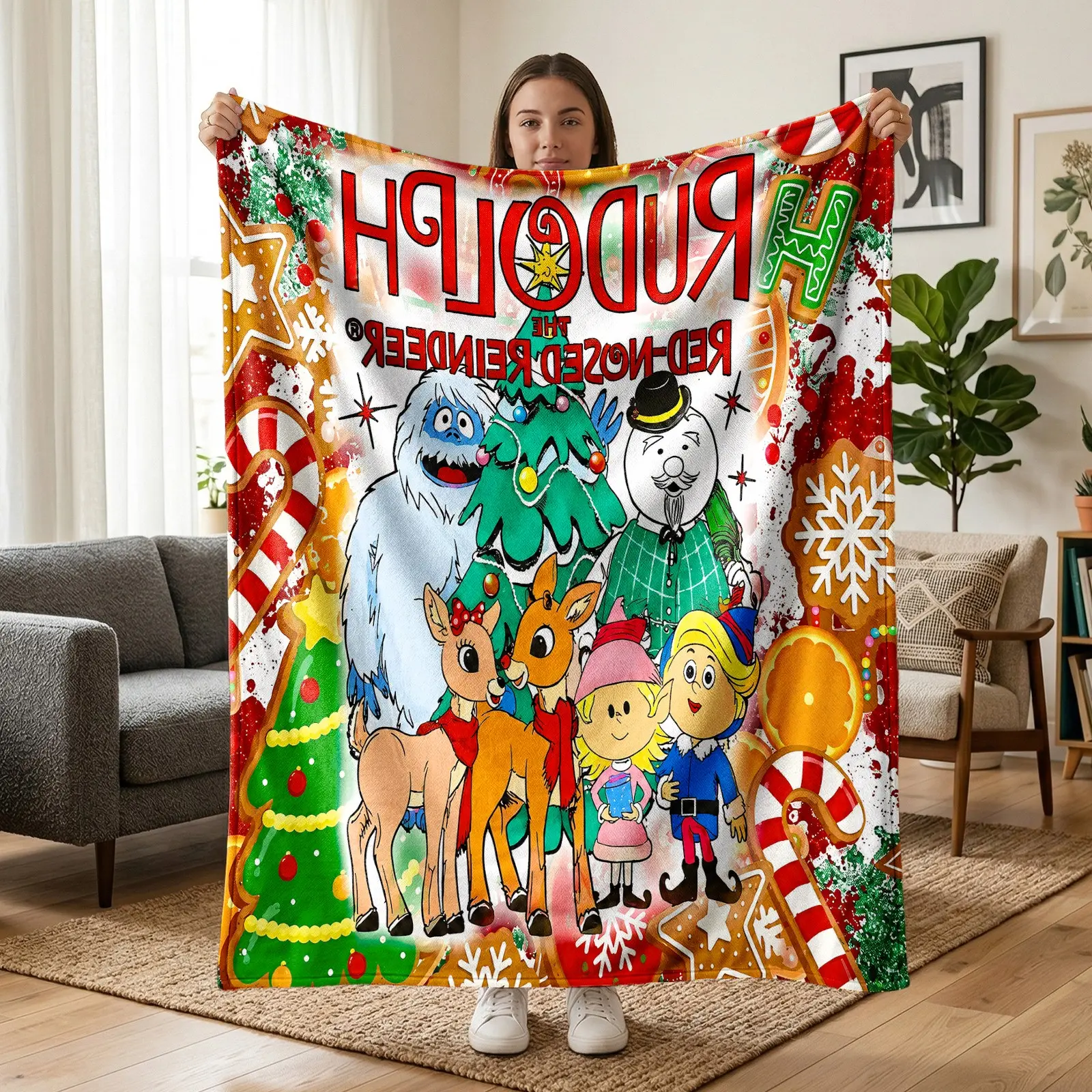 1pc Rudolph The Red-Nosed Reindeer Christmas Cartoon Fleece Blanket, Vintage Cartoon Print With Reindeer, Snowman, Abominable Snowman, Gingerbread And Christmas Tree, Soft Warm Cozy Nap Throw for Sofa, Bed, Office, Shawl, Camping Trip, Ideal for Christmas