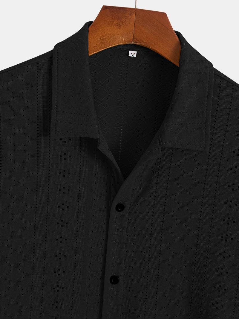 Men's Plain Hollow Out Short Sleeve Button Down Shirt, Regular Fit Casual Solid Shirt Collared Top for Summer, Fashion Men's Clothes for Daily Wear, Menswear, Casual Everyday Wear, Casual Trendy Shirt