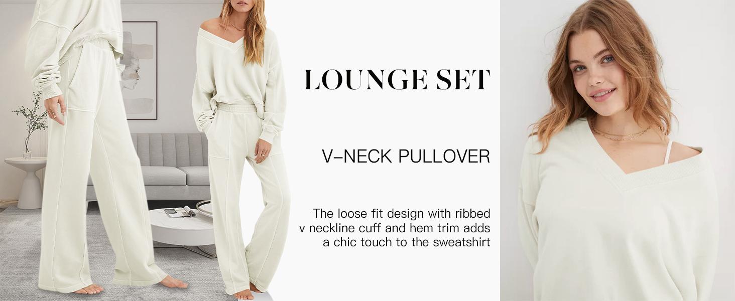 Imily Bela Womens 2 Piece Outfit Lounge Set V Neck Sweatshirt High Waist Pants With Pockets Casual Loose Tracksuits