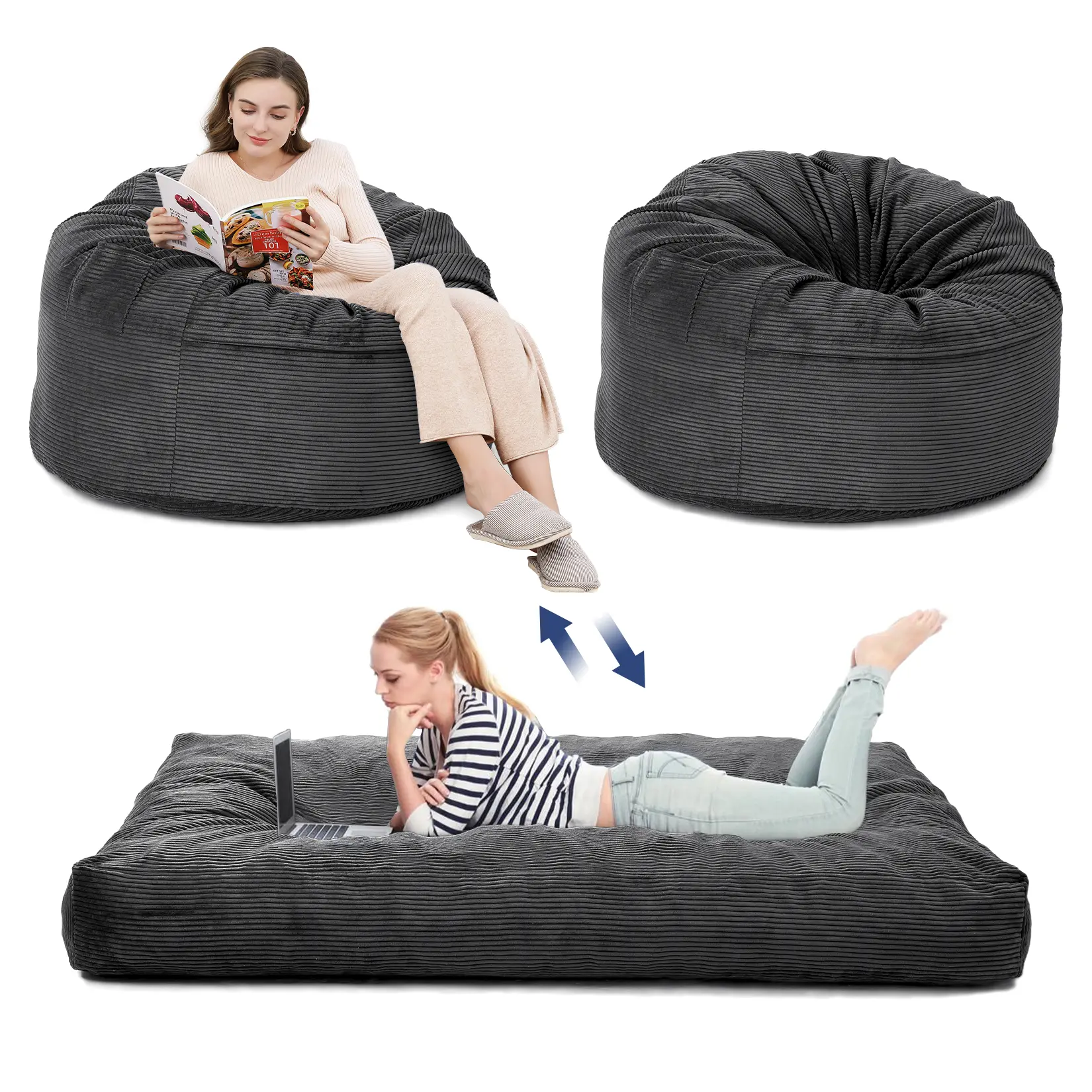 2 in 1 Convertible Bean Bag Chair Bed with Premium Filling, Corduroy Floor Mattress Chair with High Density Foam, No Setup Needed for Dorm, Lounge, Living Room, Dark Gray ﻿