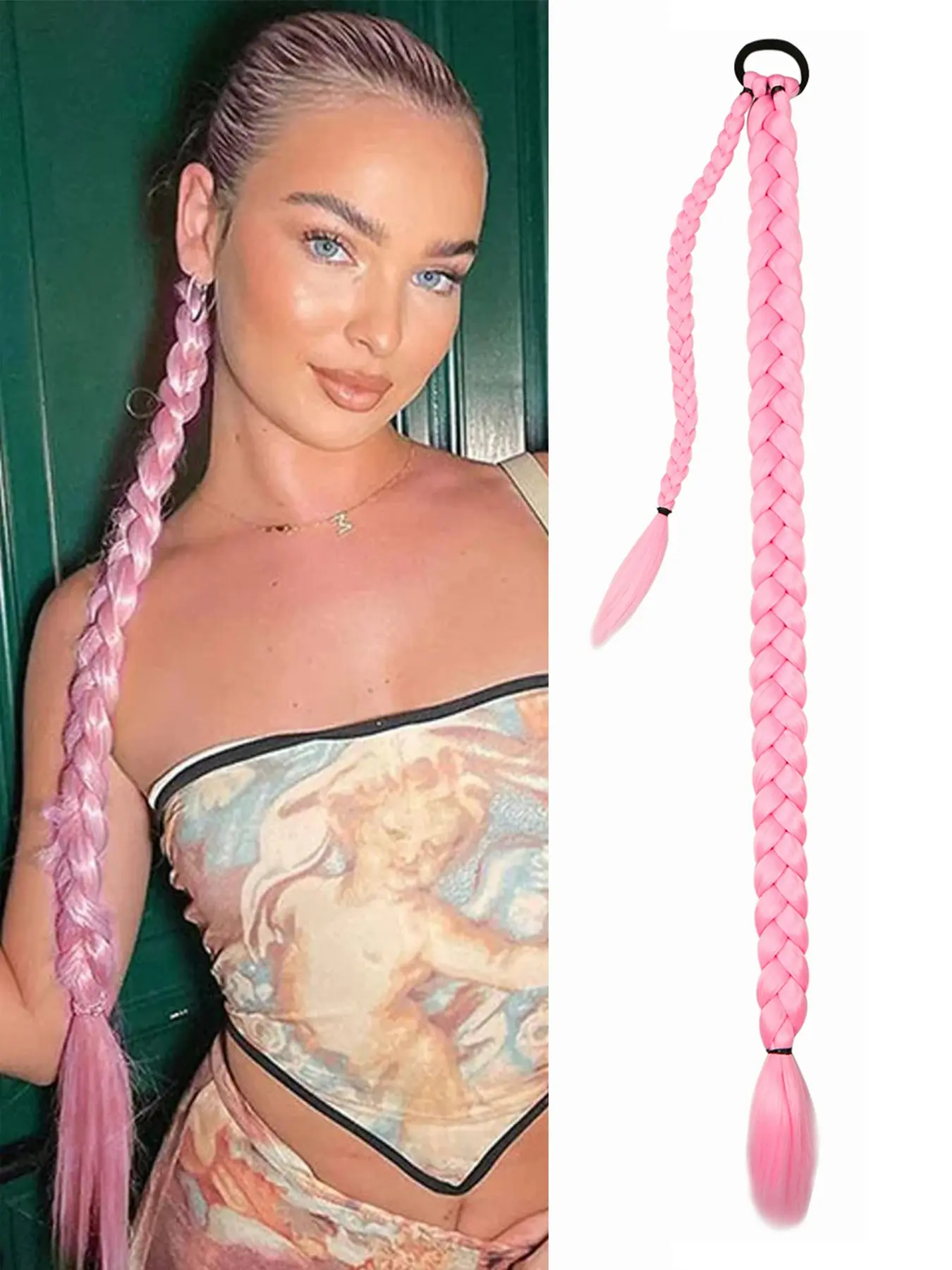 30-inch pink long braided ponytail extension (with elastic hair tie); features a sleek, straight wrap-around design and soft, natural-looking synthetic fibers; suitable for daily wear as well as parties, shopping trips, music festivals, and carnivals.