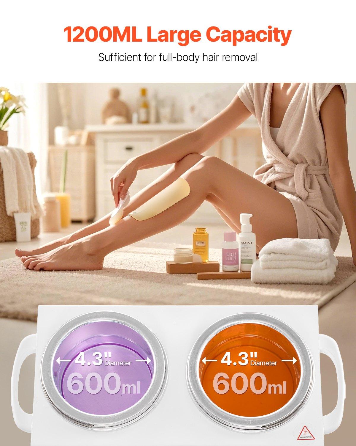 VEVOR Double Wax Warmer, 1200ML Professional Dual Wax Warmer for Hair Removal, 32 ℉   - 212 ℉   Adjustable Electric Waxing Heater Pot with 50PCS Waxing Sticks for Home Use, Beauty Salon, Spa