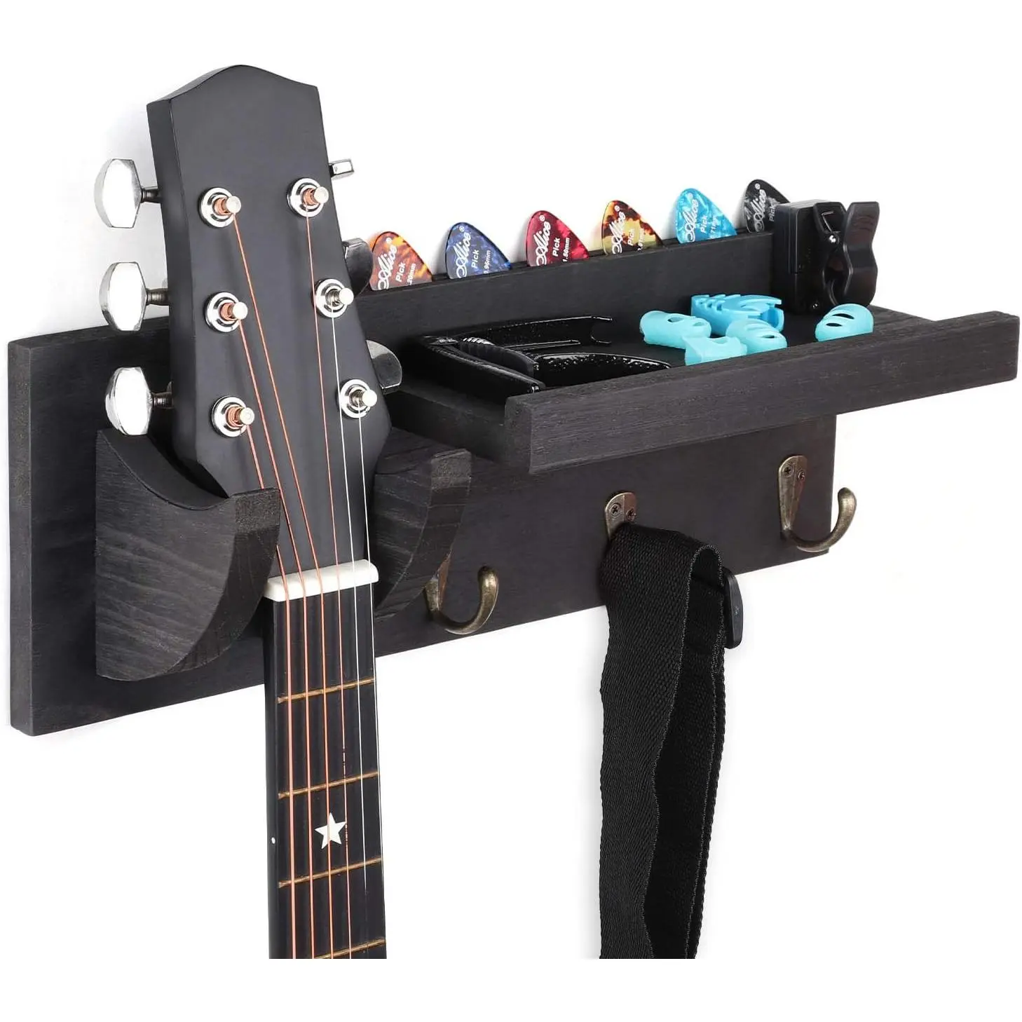 Guitar Wall Mount Hanger with Shelf, Guitar Holder Wall with Pick Holder and 3 Hooks,  Guitar Stand Wall for Acoustic, Electric, Bass, Ukulele, Black [U.S. ]