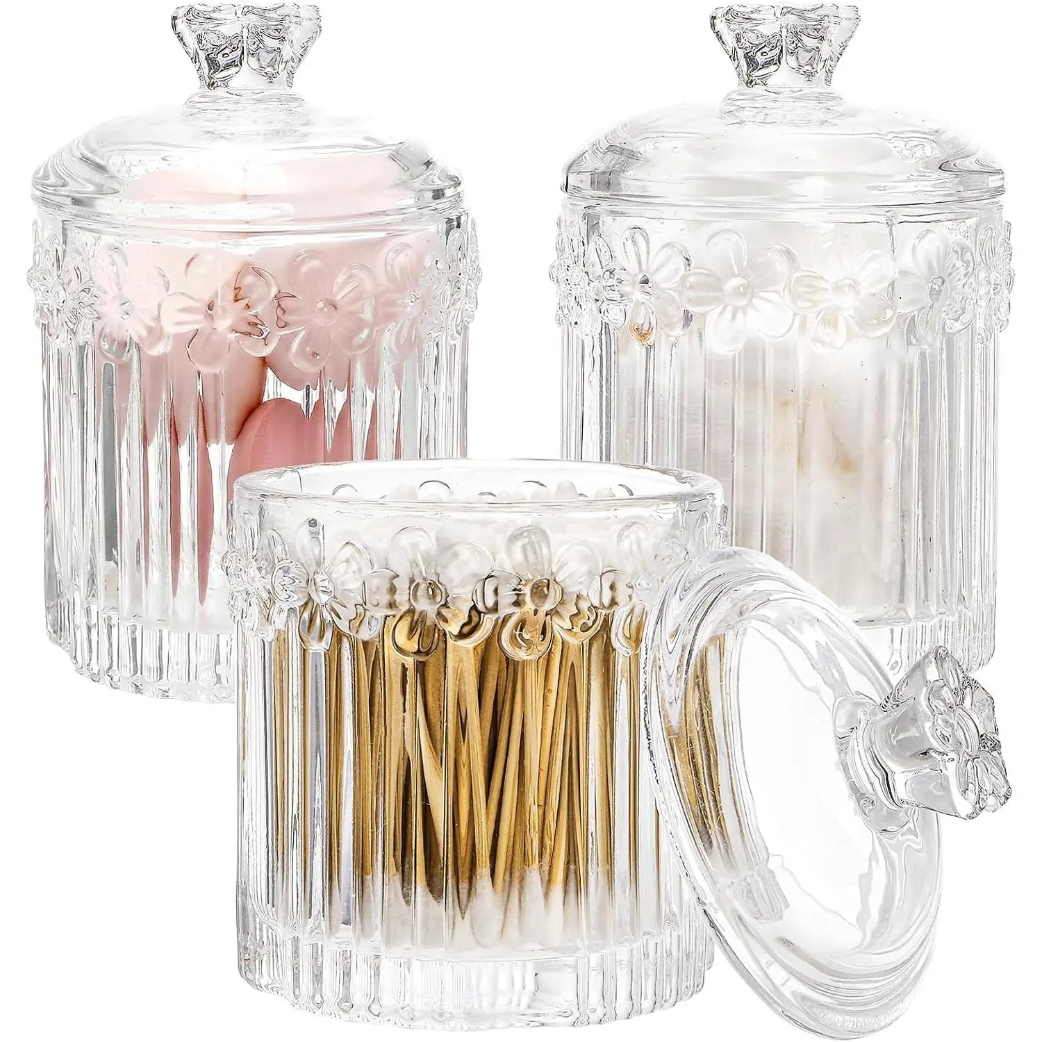 Hedume 3 Pack Swab Holder with Lid, Clear Glass Apothecary Jar, Bathroom Decor Vanity Countertop Organizer for Cotton Swabs, Balls, Pads, Floss Picks, Candy