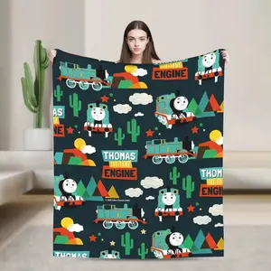 T-Thomas the Train Cartoon Flannel Blanket – Soft Cozy Throw for Sofa, Travel, and Bedroom Use