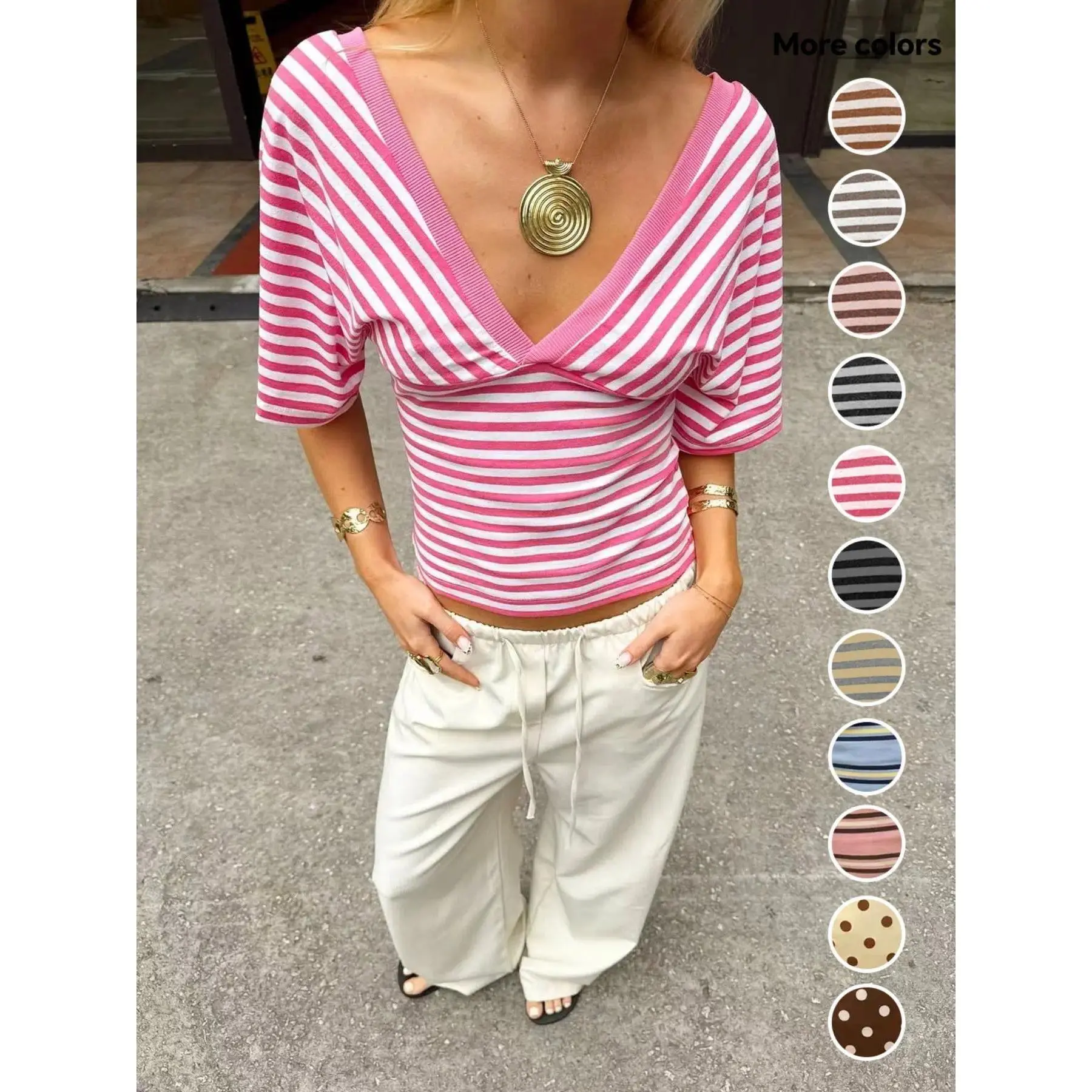 Blusa de Rayas con Mangas Abullonadas | Escote V Cruzado, Corte Corto Entallado Estilo Y2K