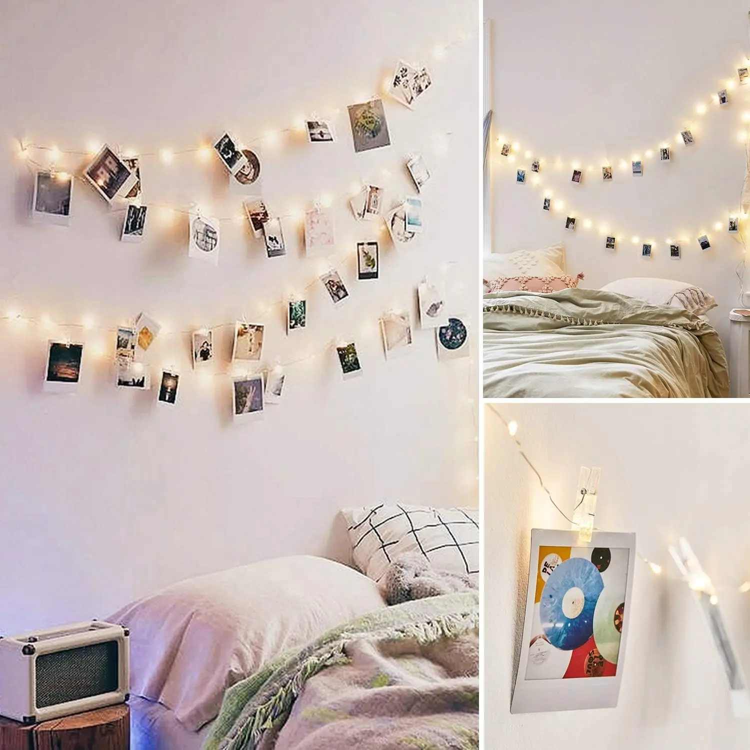 50LED 20 Photo Clips String Fairy Lights Battery Powered Decoration for Living Bedroom Indoor Christmas Party Wedding for Photo Picture Hanging Display, Battery Operated (16ft Warm White)