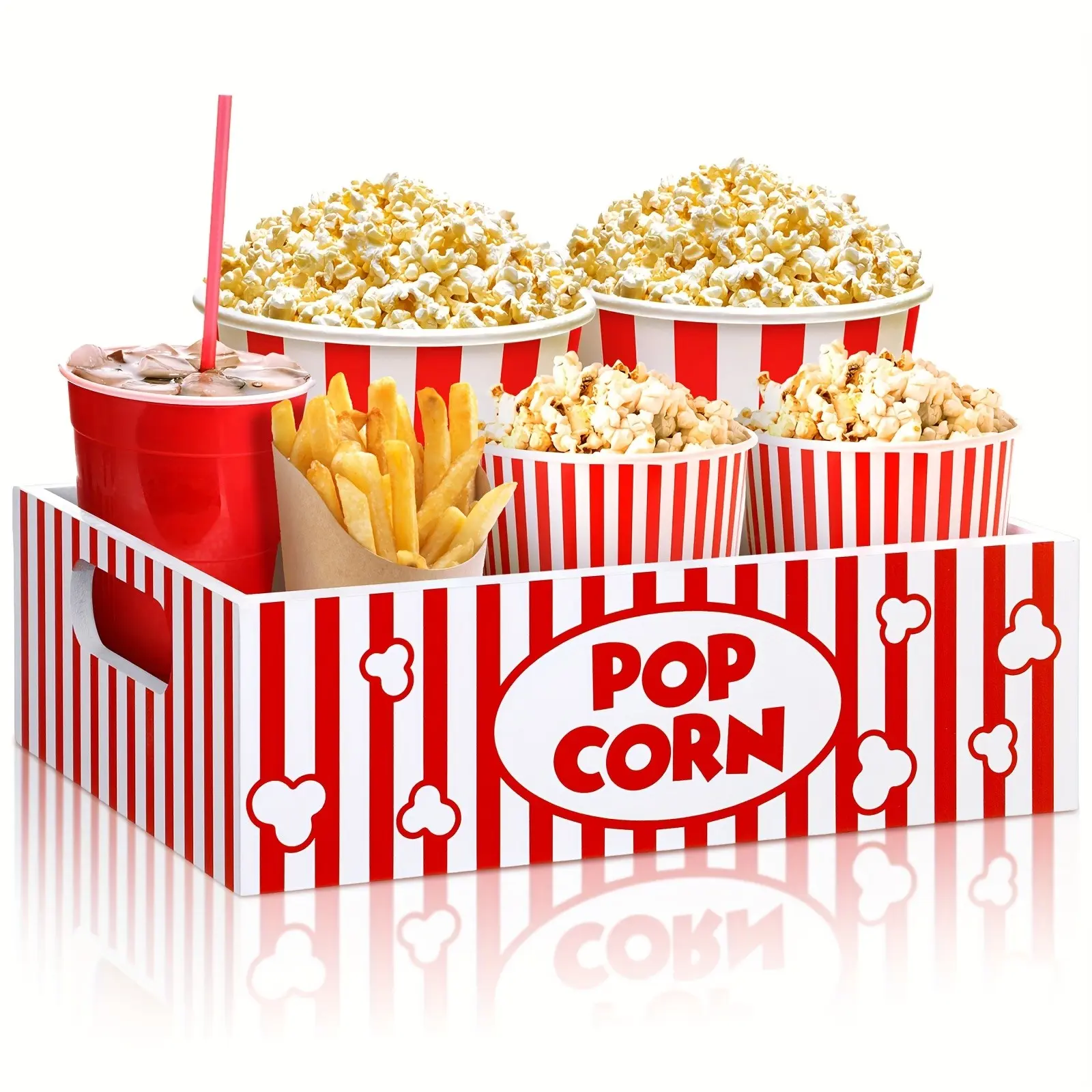 1pc Wood Movie Night Snack Tray with Handle - Reusable Non- Popcorn Bucket & Gift Basket Suitable for Theater, Decor, Parties - Red & White Striped Bowl Box Container