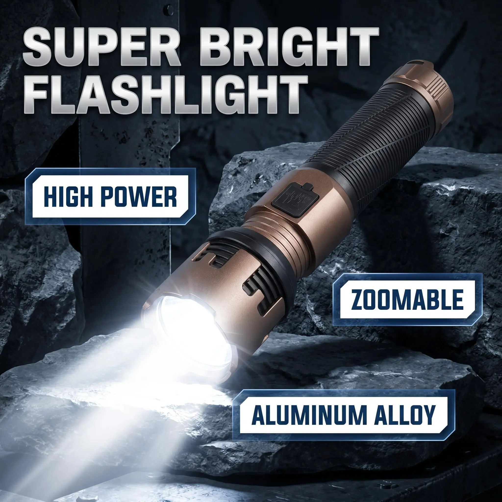 All-aluminum rechargeable zoomable flashlight, ultra-bright high-lumen adjustable focus tactical hand torch for camping & emergencies, free adjustable paracord wrist strap included