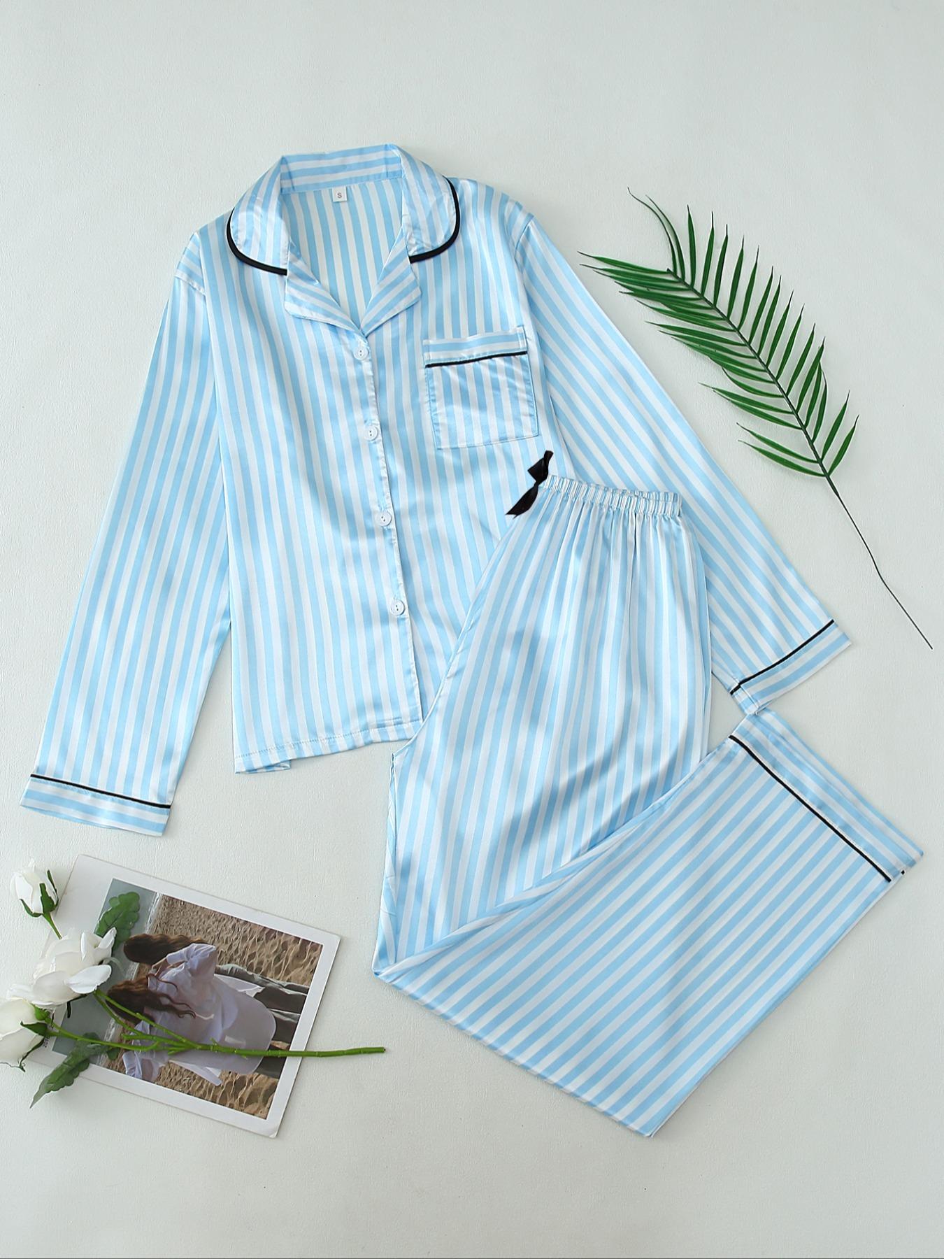 Two-Piece Set Women's Striped Print Lapel Neck Pocket Shirt & Bow Decor Pants Satin Pyjama, Long Sleeve Button Up Top & Trousers PJ Set, Women's Sleepwear for Spring & Fall