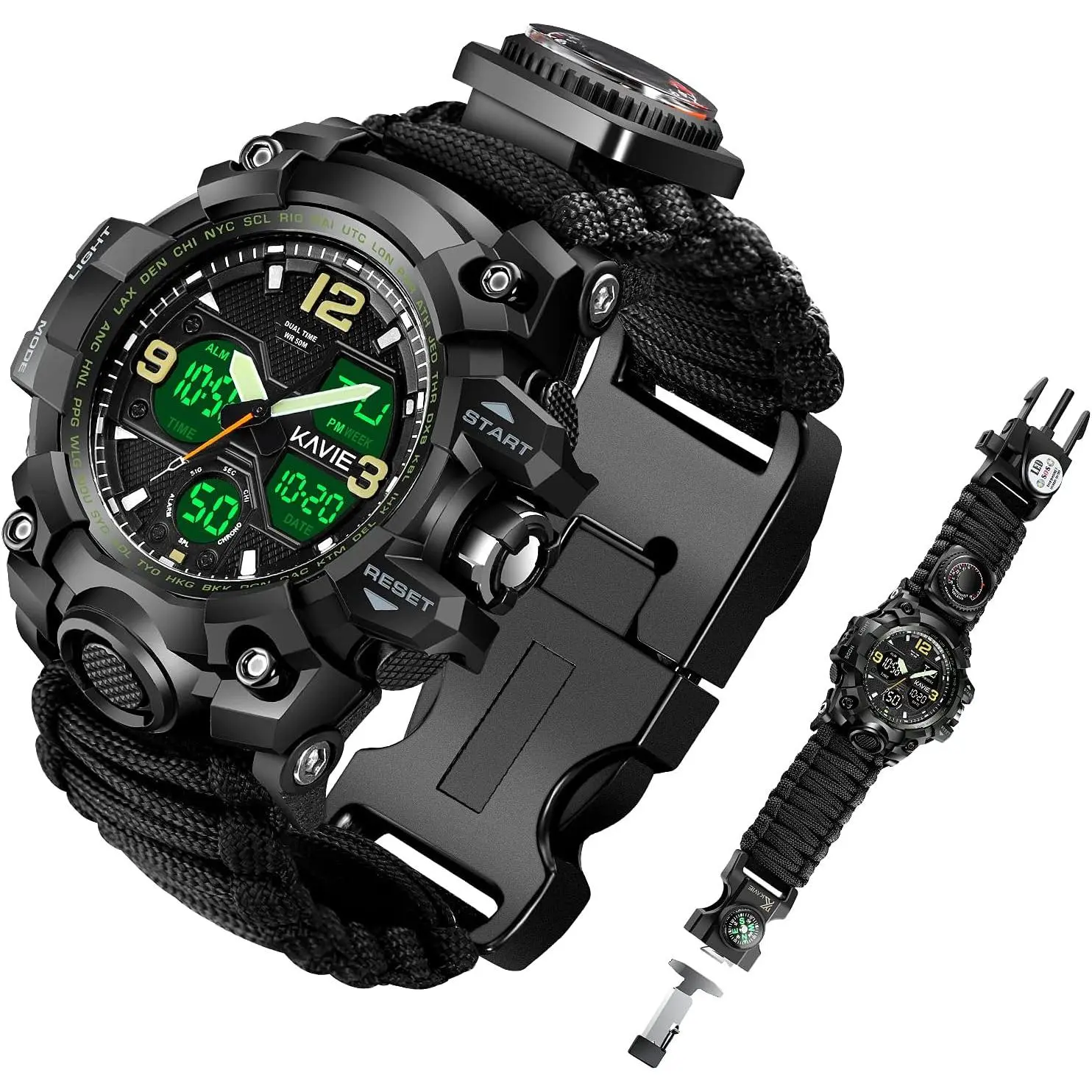Men's Tactical Military Digital Dual Time Wristwatch - 23-in-1 Survival Multi-Functional Waterproof Camouflage Sports Watch with Compass, Paracord Band, Analog-LED Dual Display for Camping & Hiking