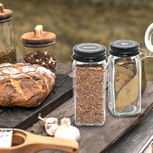 24pcs Spice Jars with180 Labels,Glass Spice Jars, Seasoning Containers,Seasoning Organizer,Include black metal lid, pen, grinder, stainless steel funnel, two type inner plugs