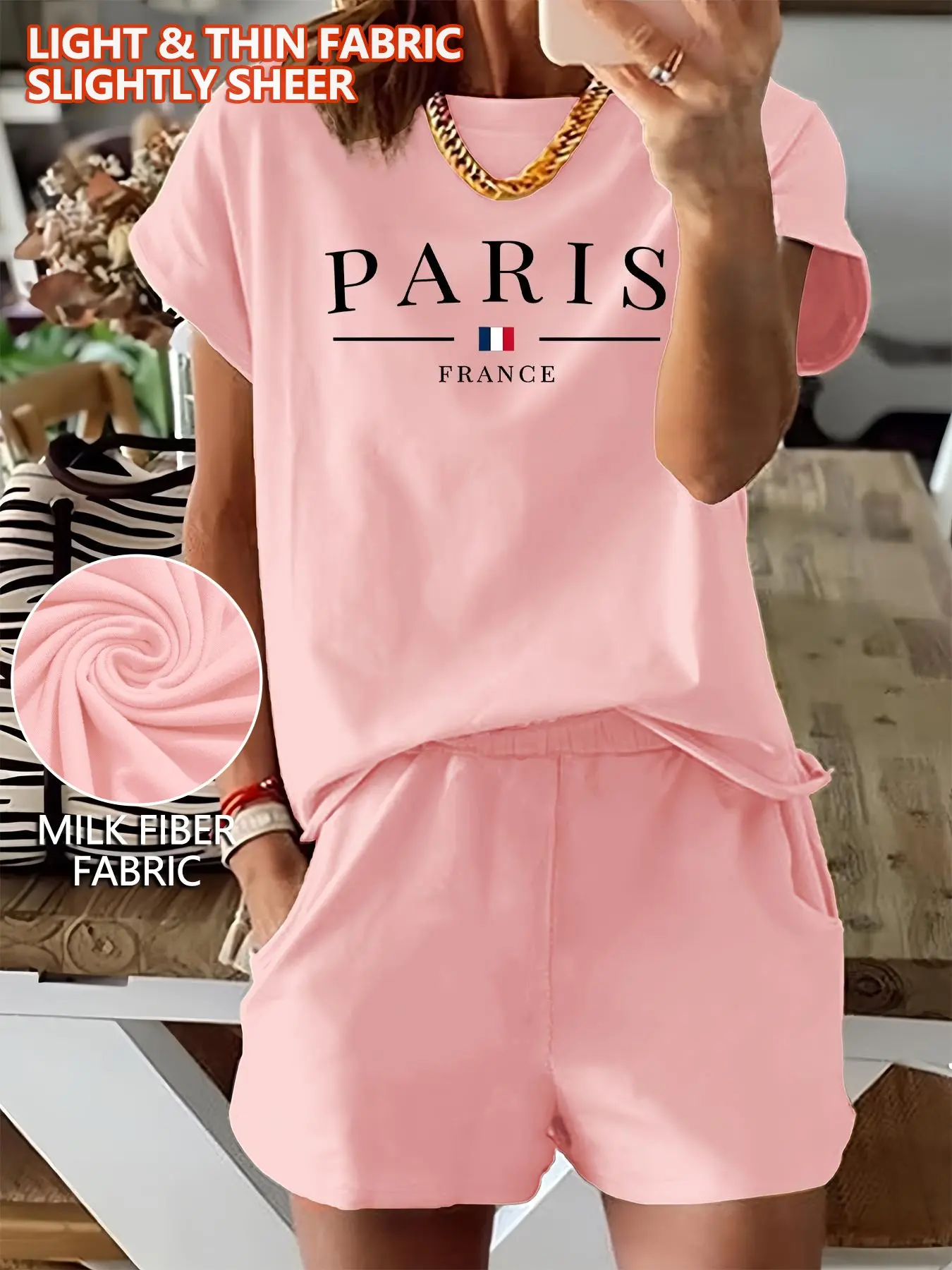Women's Letter & Flag Print Two-piece Set, Short Sleeve Tee & Elastic Waist Shorts Set, Casual Round Neck Polyester T-shirt & Pocket Shorts for Summer, Ladies Clothes for Daily Wear