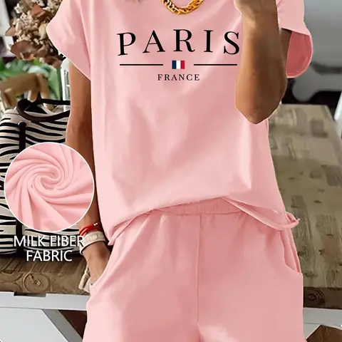 Women's Letter & Flag Print Two-piece Set, Short Sleeve Tee & Elastic Waist Shorts Set, Casual Round Neck Polyester T-shirt & Pocket Shorts for Summer, Ladies Clothes for Daily Wear