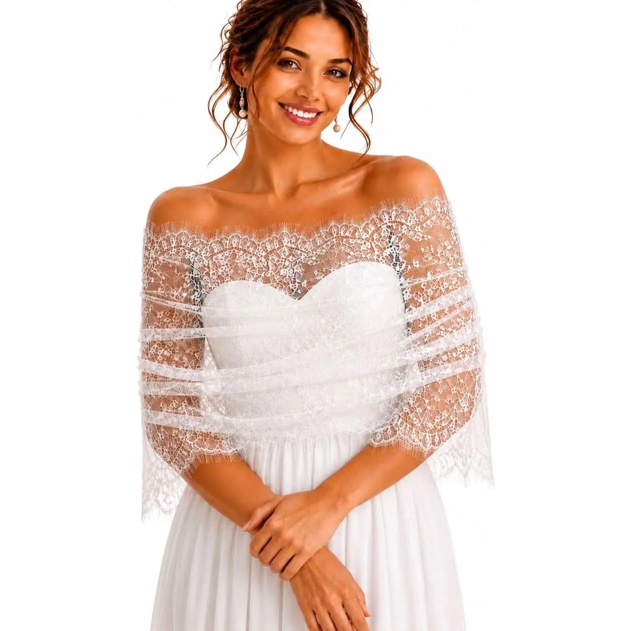 Women's Basic One-Size Elegant Feminine Lace Bolero Bridal Wrap - Sheer Lightweight Capelet Shoulder Cover Up for Bride, White Soft Breathable Simple Lacy Cape Sleeve Scarf for Wedding Dresses, Civil Ceremonies