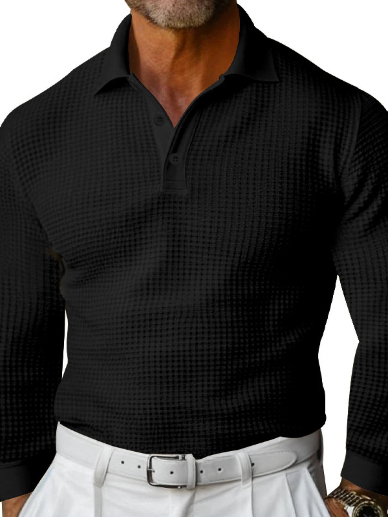 Men's Waffle Knit Polo Shirt, Slim Fit Long Sleeve Collared Tee with Buttons, New Arrival Bestseller for Men, Perfect for Casual Wear
