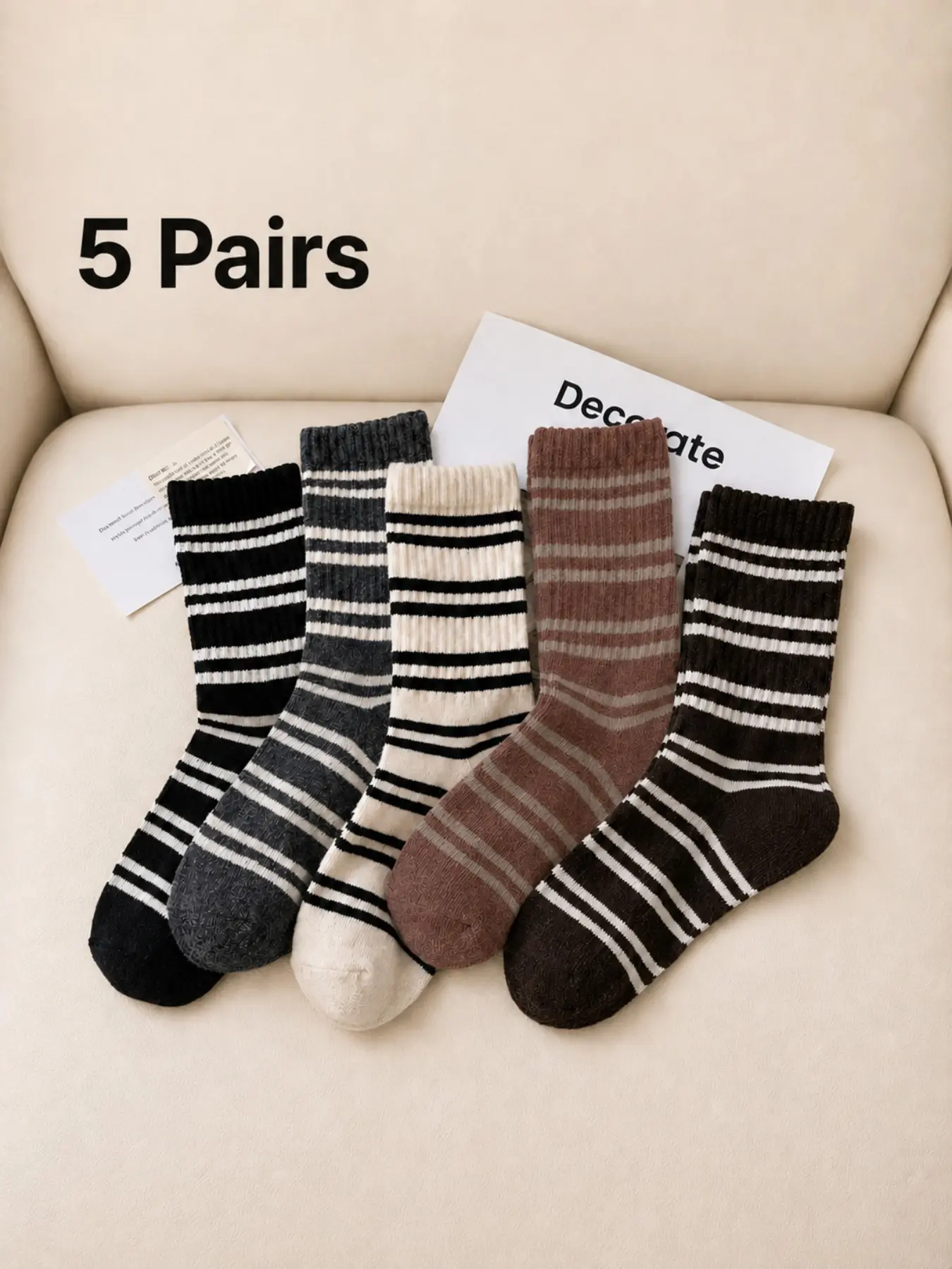 5Pairs Autumn Winter Mid Tube Socks, Warm Striped Chic Long Socks, Coffee, Card, Beige, Gray Striped, Black Striped, Multiple Colors To Choose From, Contrasting Striped Women’s Socks, Japanese Style Mid Tube Socks