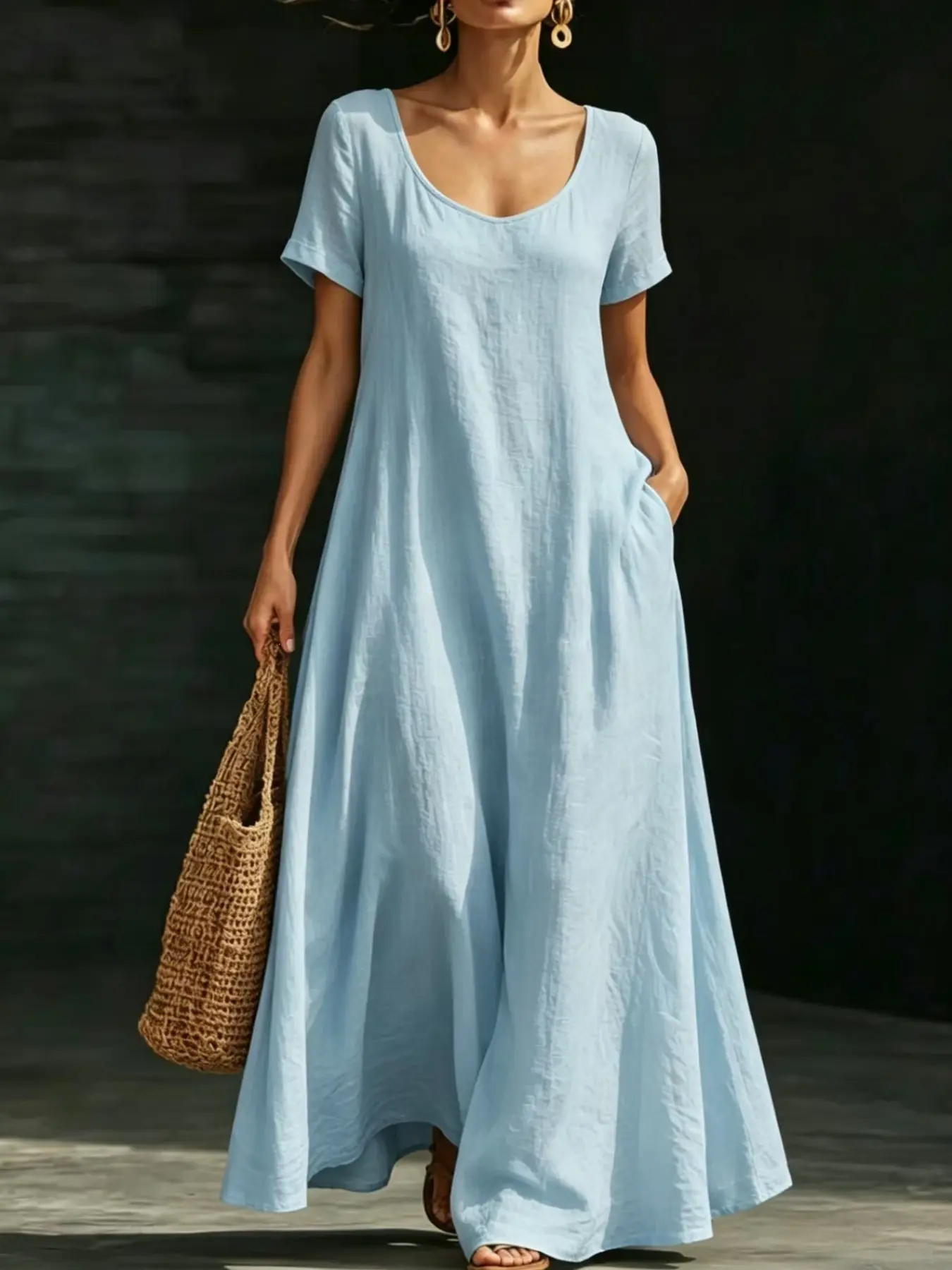 French Minimalist Short Sleeve Dress, Summer New Arrival, Women's U-Neck Loose A-Line Long Dress, Casual Fashion Solid Color Dress