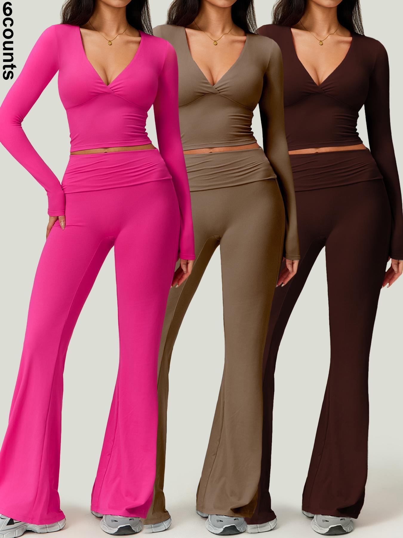 Women's Patchwork High Elastic Deep V-Shaped Collar Detachable Chest Pad Long Sleeve Oblique Waist Slim Fit Flared Pants Yoga Clothes suit Sweatsuit Set Outdoor Running Cycling Walking Gym Sports Training Workout Set Athleisure Wear Set