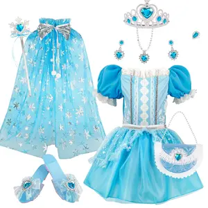 Frozen Sparkle Princess Dress Set, Kids Performance Costume, Elsa Princess Cape Necklace Earrings Crown Shoes, Blue Role Play