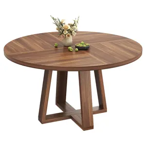 Space-Saving Round Dining Table for 4-6 – Modern Farmhouse Wood Table with Sturdy Cross Base (Without Chairs)