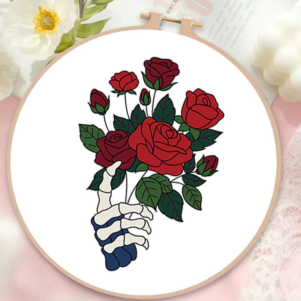 Skull & Flower Pattern Embroidery Kit, 4 Counts/set Diy Embroidery Kit with Random Color, Tools & Instructions, Embroidery Supplies for Beginners, Embroidery Design