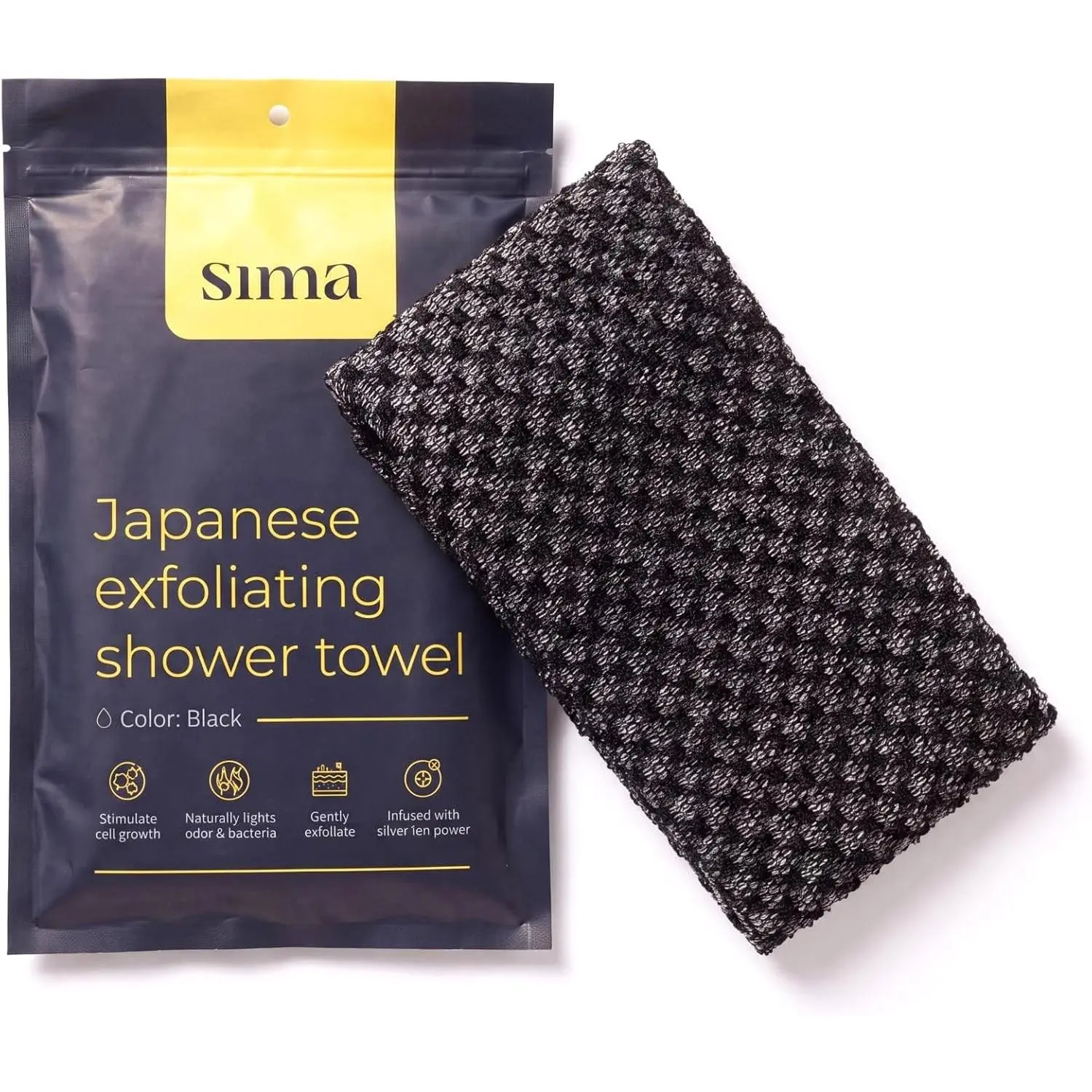 Exfoliating Washcloth Face & Body Scrub Towel - Japanese Exfoliating Towel with Hexagon Fibers, 2 Sides for Scrubbing & Washing, Extra Long Body Towels (Black)