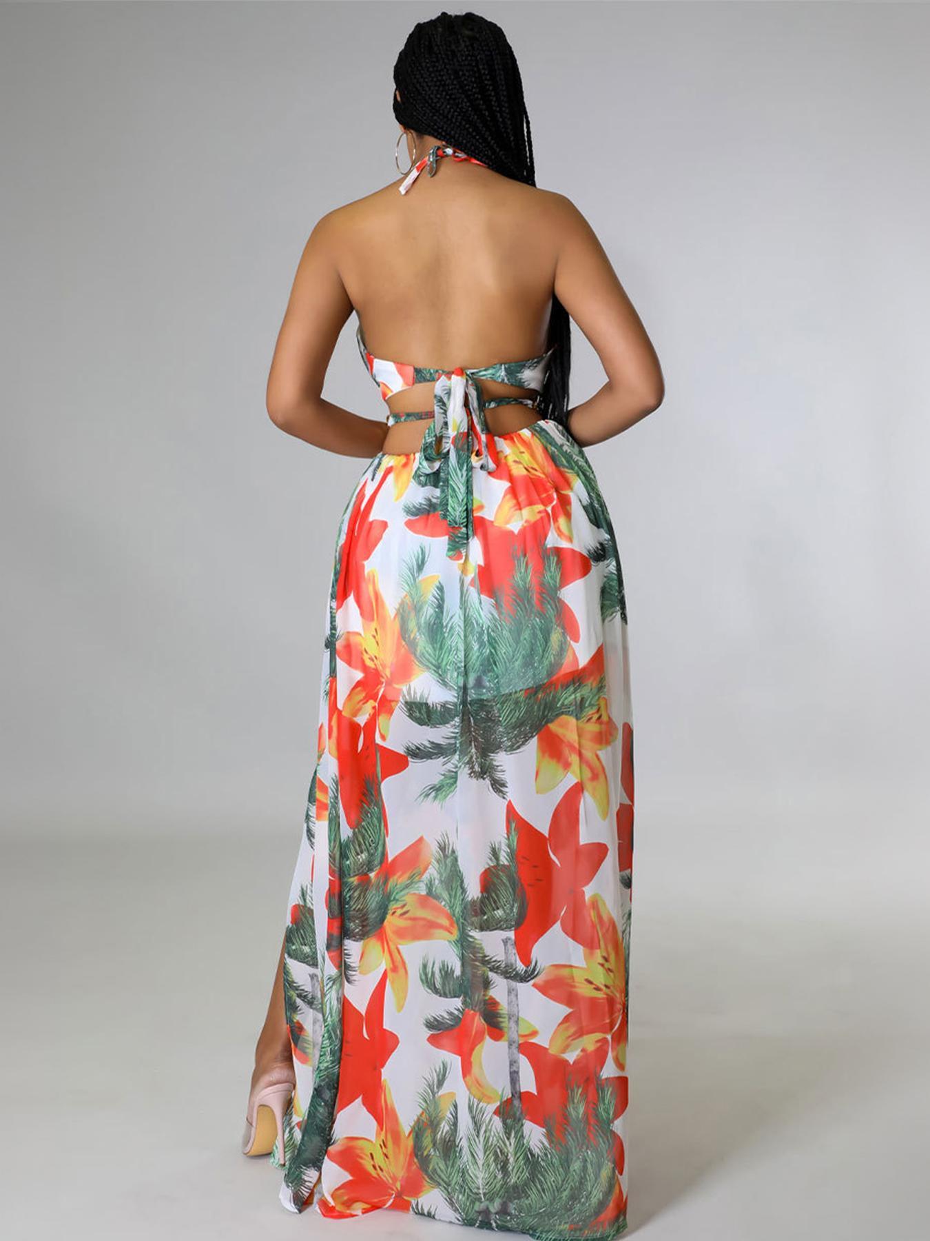 Summer Floral Print Deep V Halter Tie Split Maxi Dress Casual Wear