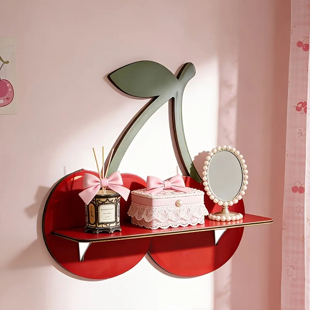 Kawaii Cherry Wooden Floating Shelves, Cute Wall Display Rack, Bedroom Aesthetic Home Decor, Stylish and Functional Storage Solution