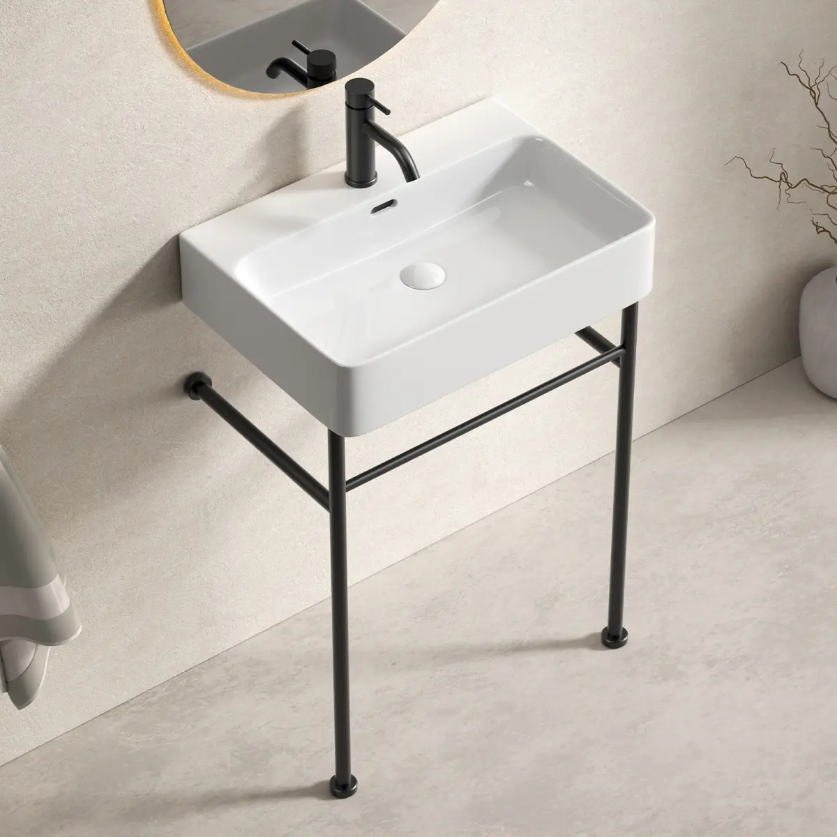 Freestanding Bathroom Console Sink 24in*16.5in*34.65in Stainless Steel Support Pedestal Legs Wall-Mounted White Ceramic Basin