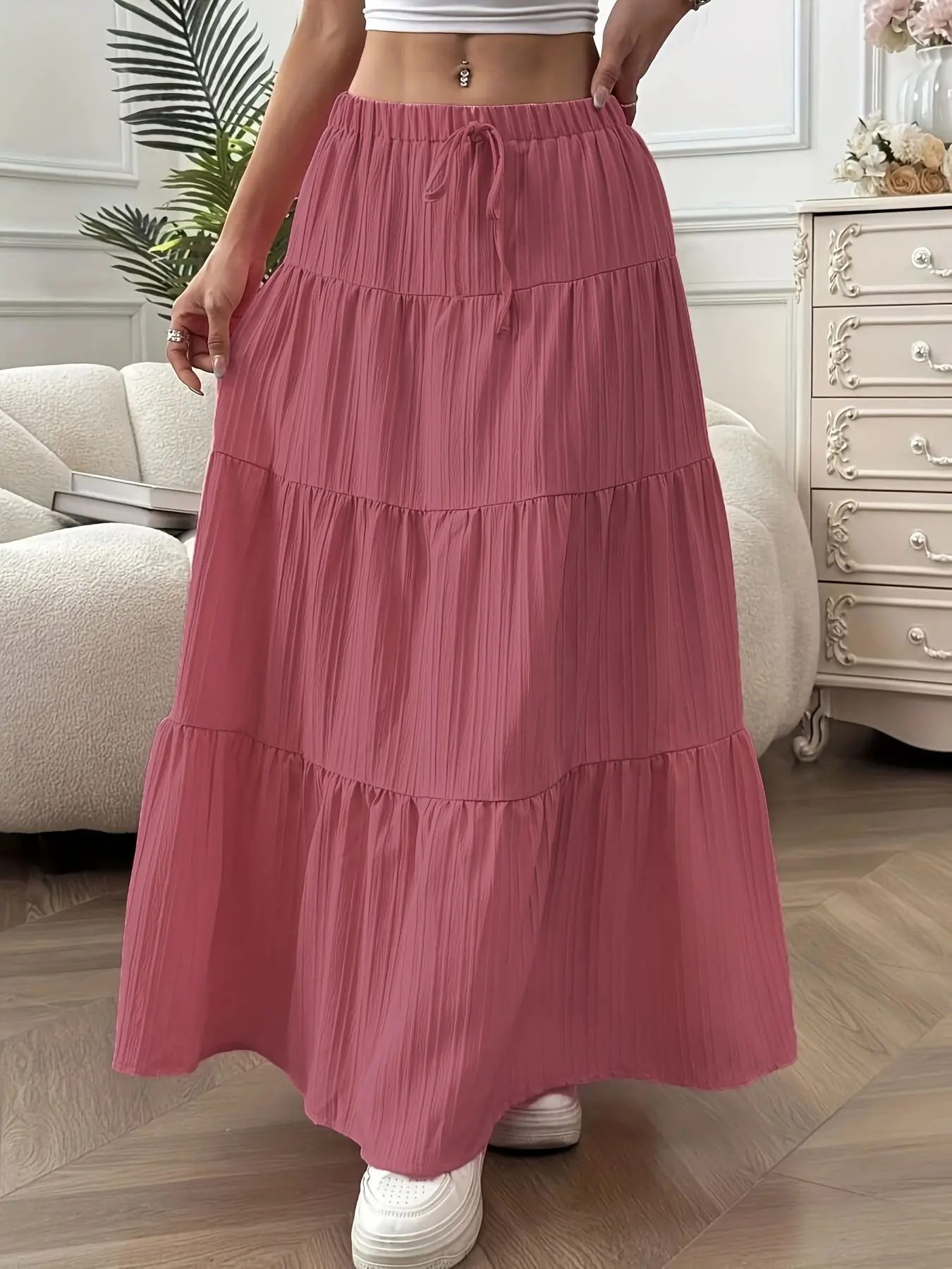 Spring Summer Women's Bottom Midi Maxi Skirt, Flowy Skirt, Tie Detail Patchwork A-Line Skirt, Loose Fit Long Pants, Fashionable Aesthetic Ladies' Clothing Womenswear Piece, A Line Skirts