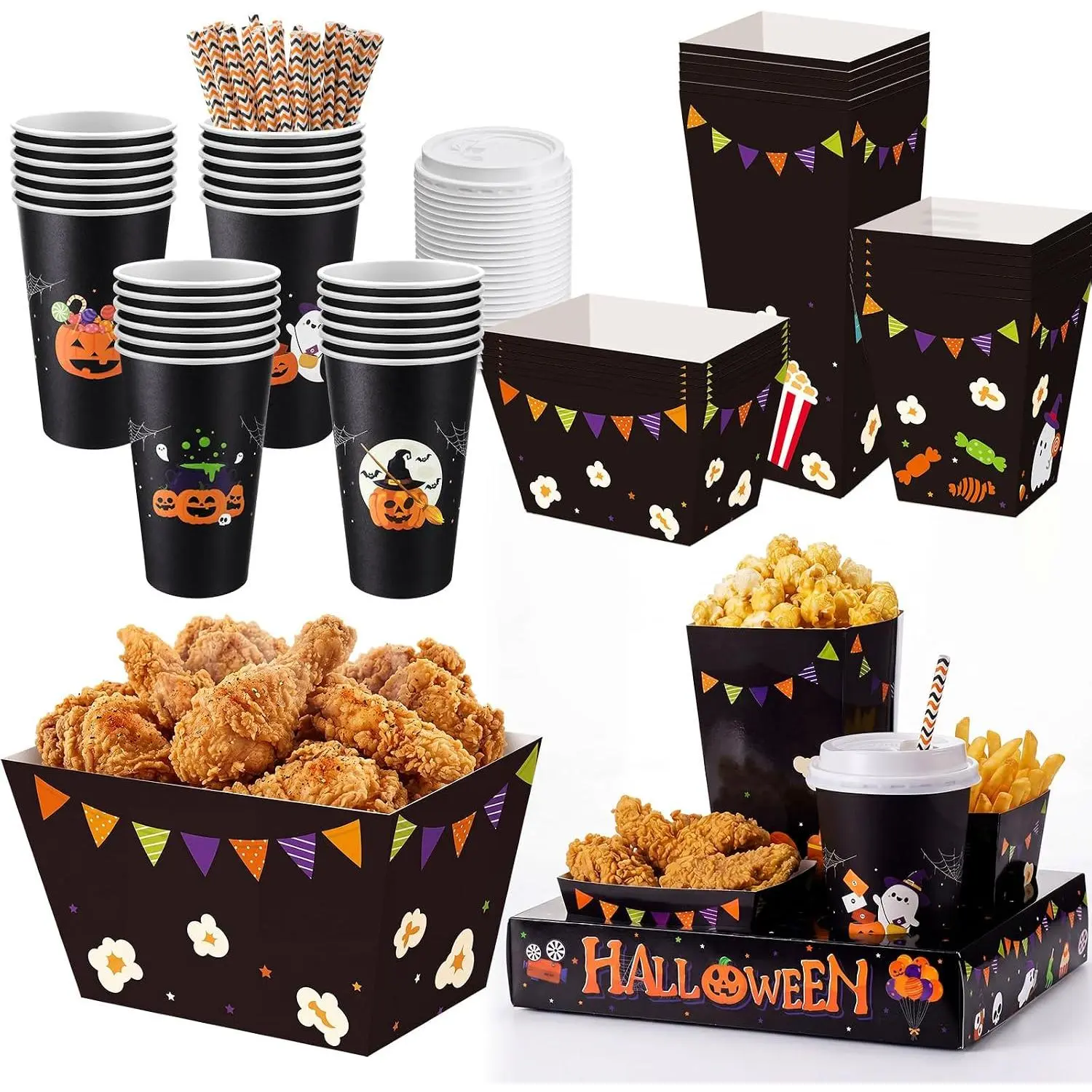 172 count/ 24 Sets of Halloween Movie Night Snack Trays Trick or  Summer Halloween 3 Sizes Snack Popcorn Boxes, 16 oz Disposable Drinks Cups, 50 Straws, Sealing Stickers for Party Decoration