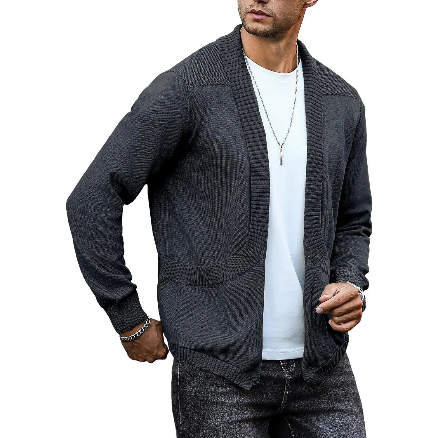 Men's Shawl Collar Long Sleeve Cardigan Knit Open Front with Pockets