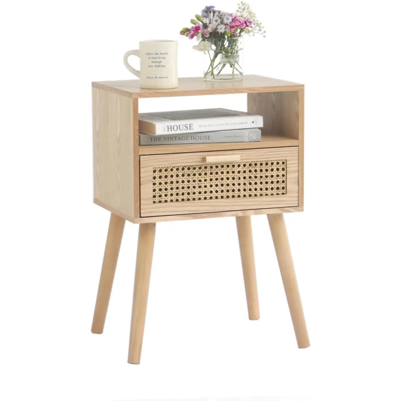 Modern Rattan Nightstand Side Table with Storage Organization, Compact Cane Weave Accent Table with Solid Legs, Farmhouse Look, Easy Assembly for Bedroom & Small Spaces (Natural Walnut)