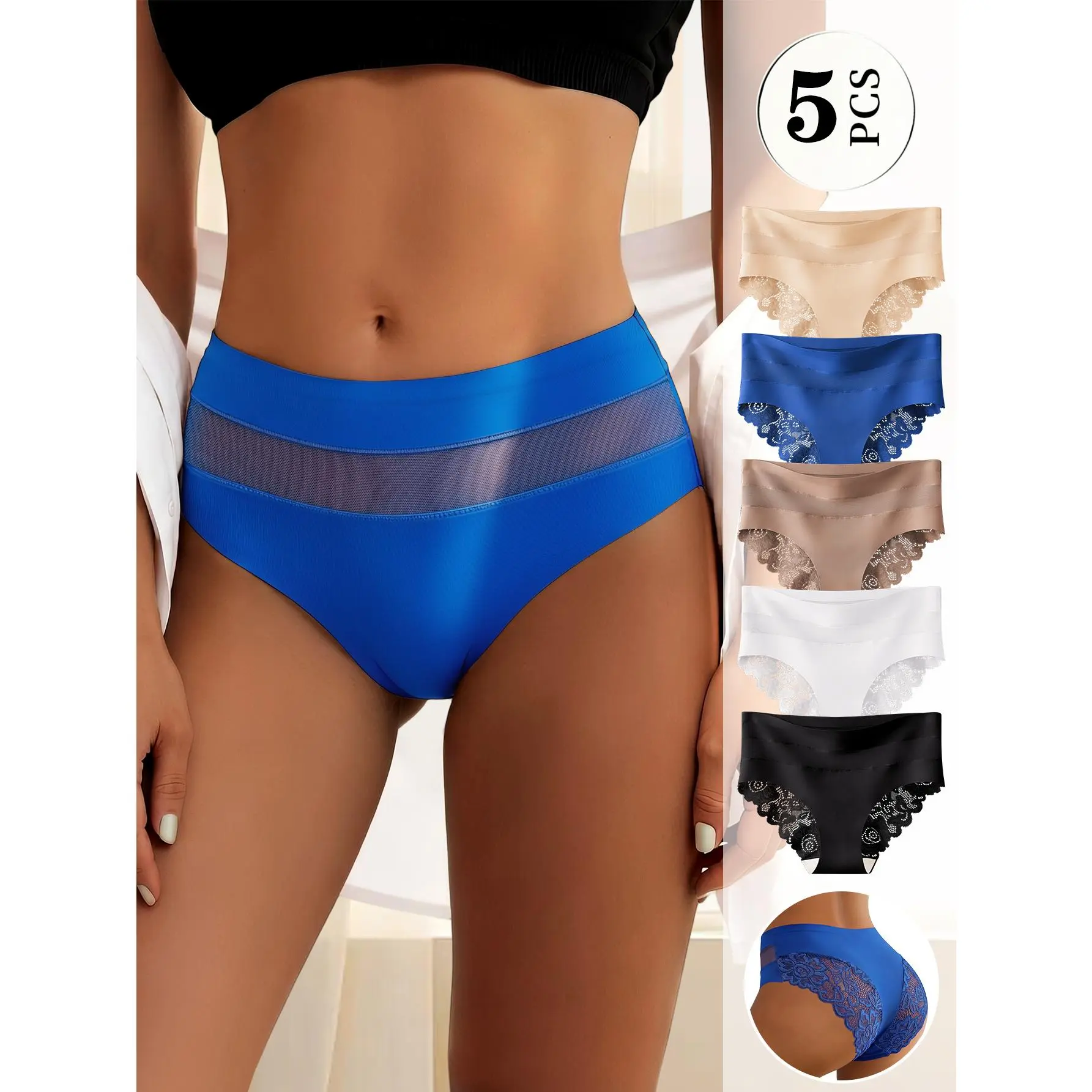 QUASTI 5 Pack Women High Waist Seamless Mesh Lace Briefs, Silky No-Show Custom Cut Triangle Panties, Breathable Daily Ladies Underwear Multipack