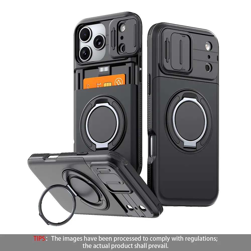 Phone case, Accessories - Protective Window shutter lens protection, PC + TPU dual-layer anti-drop phone case, For iPhone 12/13/14/15 Pro Max, invisible card slot can hold 2 cards, 360° rotating stand, compatible with vehicle magnetic attachment