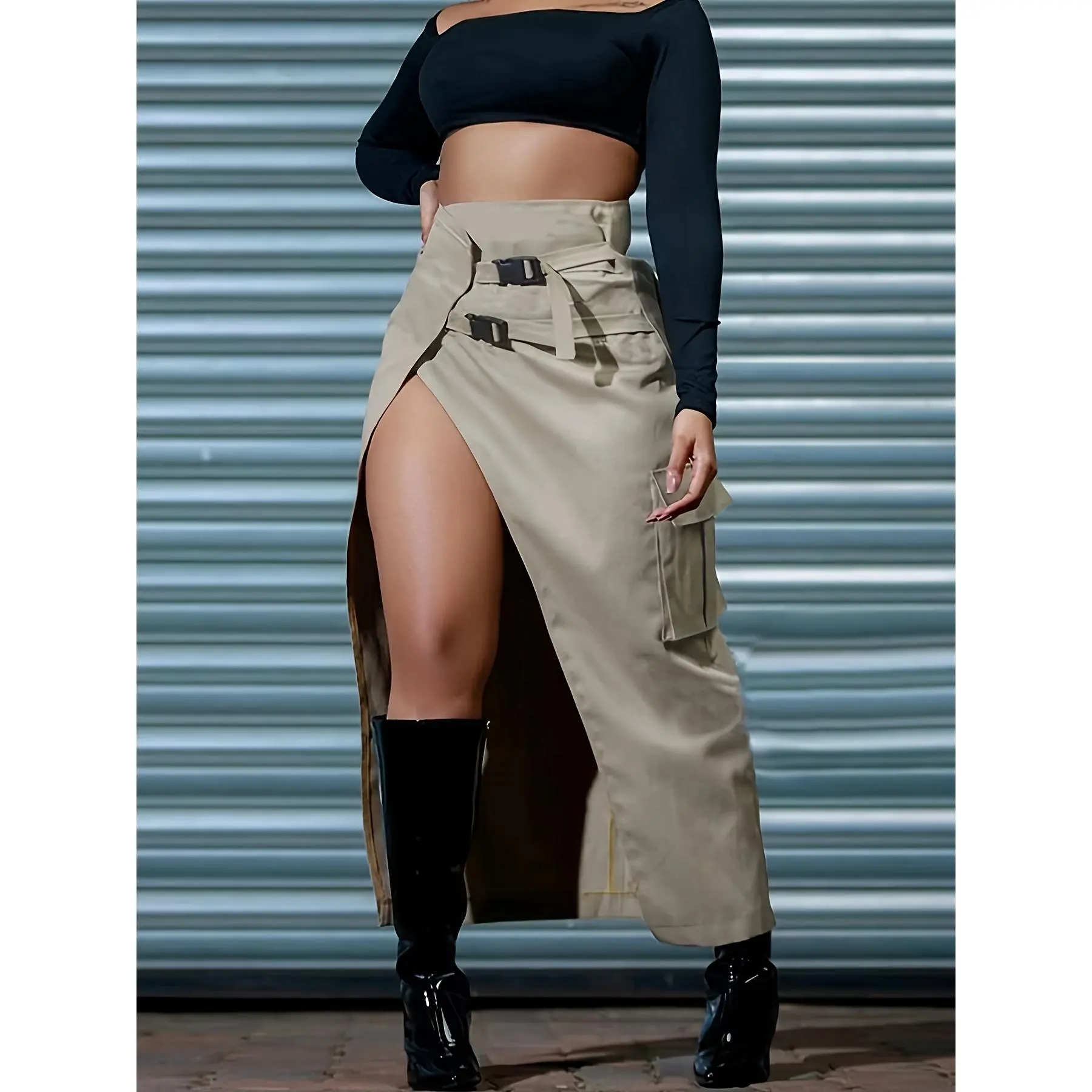 [Casual Skirt] Beige Asymmetrical Women's Casual High-Waisted Long Skirt with Belt| Casual Style, Solid Color, Spring/Summer/Fall, Casual Attire