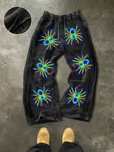 Men's Casual Loose Cotton Sports Pants, Colorful Spider Print, Outdoor, Vacation, Street Style, Drawstring Waist, Ankle Length, All Seasons