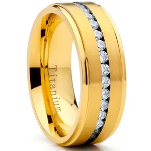 ModelLuxe High-Polish 1.5 Ct. Titanium Men's Eternity Goldtone Wedding Band Ring, 8mm Cubic Zirconia CZ, Everyday Wear, with Complimentary Jewelry Ring Gift Box