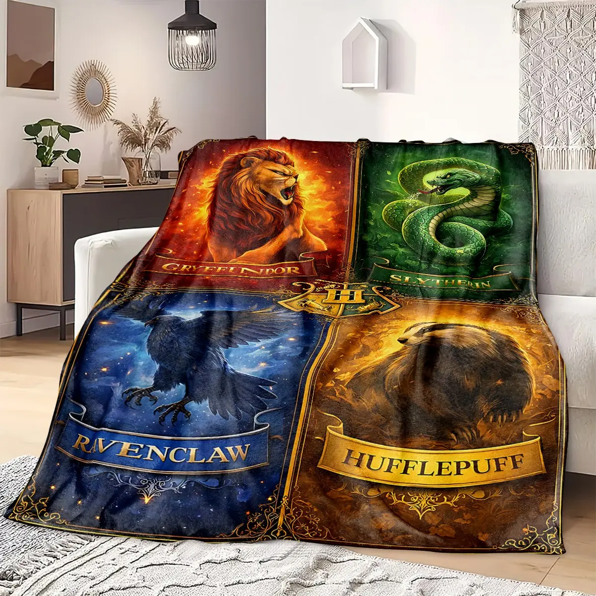1PC Harry Potter Hogwarts Four Houses Lion Snake Eagle Badger Vintage Gold Frame Four Grid Crest Print Flannel Blanket, Soft Skin-Friendly Anti-Pilling Machine Washable Lightweight Throw Blanket, All Seasons For Adults Home Sofa Office Nap RV Camping Magi