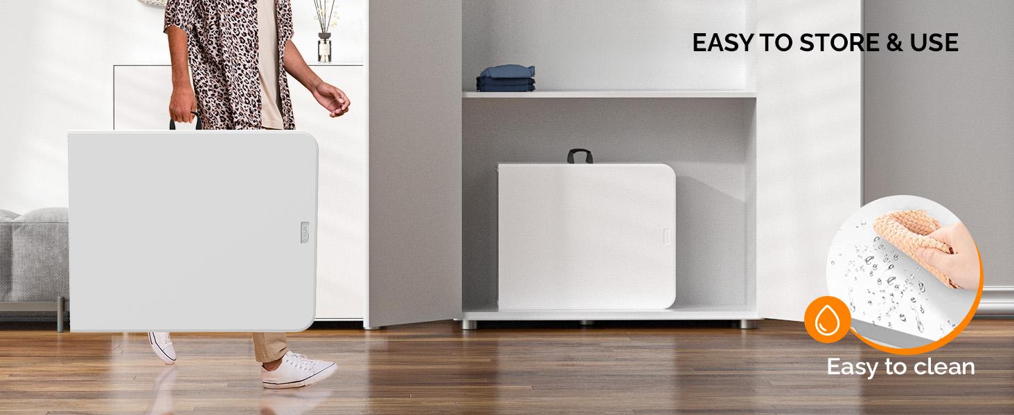 6 Foot Plastic Folding Table Portable Long Table for Indoor Outdoor Use Rectangular with Carrying Handle, Smooth HDPE Tabletop, White