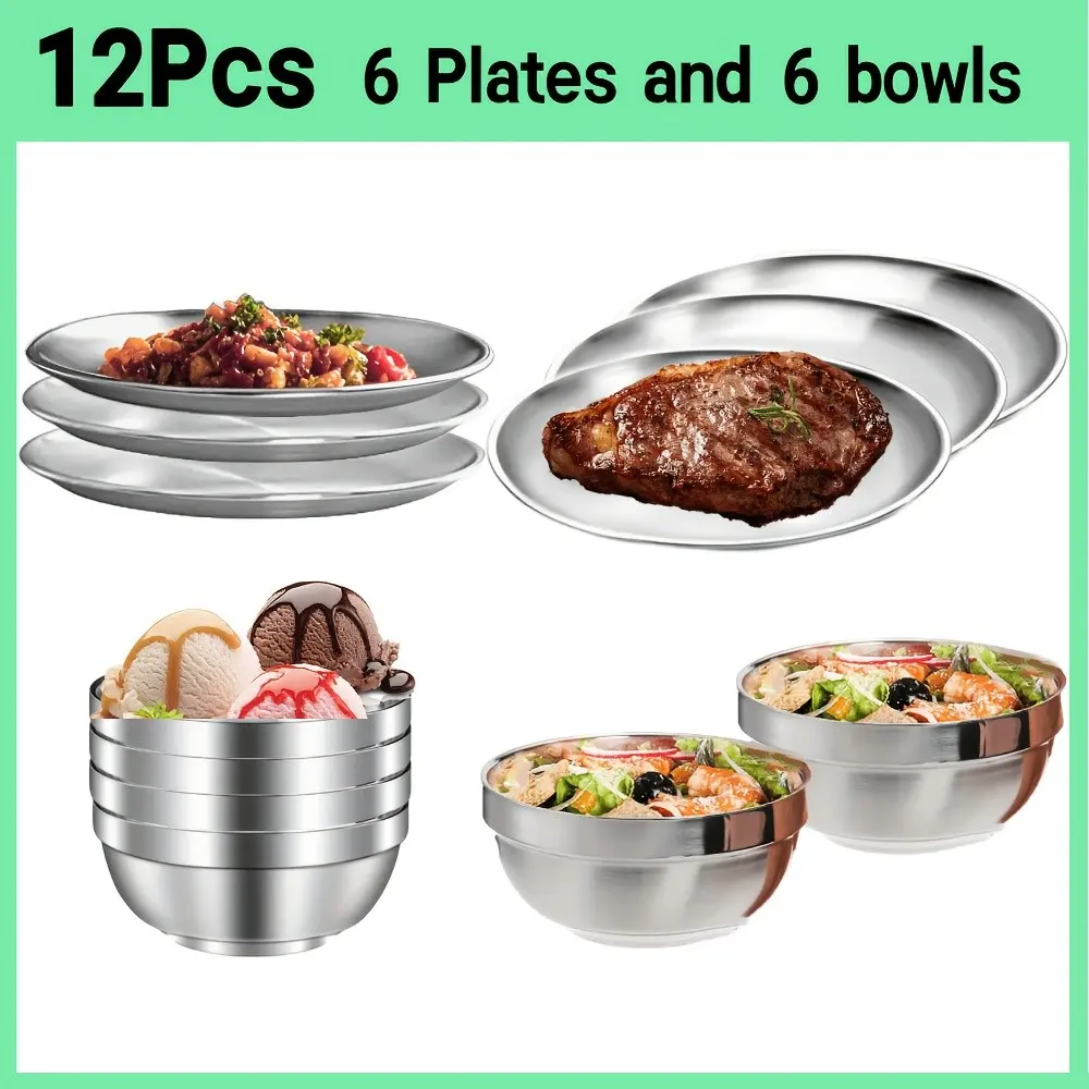 12pcs Camping Tableware Set: 6 Plates And 6 Bowls Stainless Steel Lightweight Durable For Family Barbecue Picnic Afternoon Tea