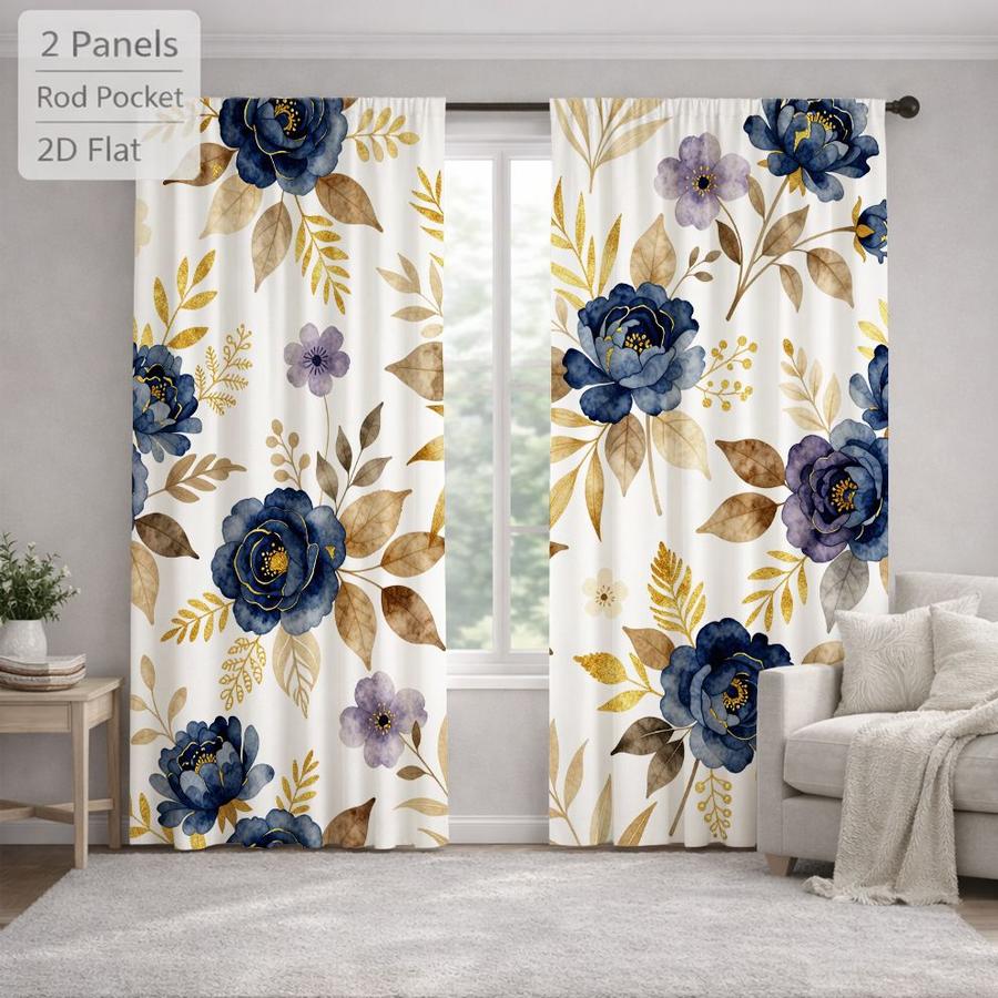 2 Pcs Elegant Floral Pattern Blue Peony Golden Leaves Sun Blocking Curtains Digital Printed Rod Pocket for Bedroom Office Kitchen Living Room Study Home Decor