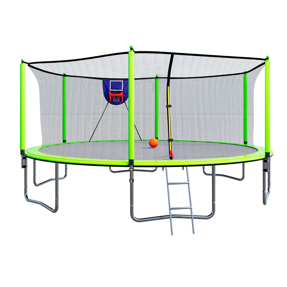 15FT High-Bounce Outdoor Trampoline with Basketball Hoop, Inflator and Ladder, 6 New Safety Pole Sleeves - Green, High-Bounce Outdoor Trampolines, Safety Net, 180 X 180 X 106.32 Inches